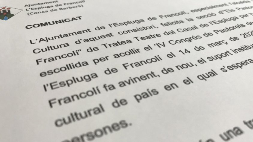 Comunicat de l'Ajuntament de l'Espluga de Francolí sobre la selecció de la població per acollir el IV Congrés de Pastorets de Catalunya