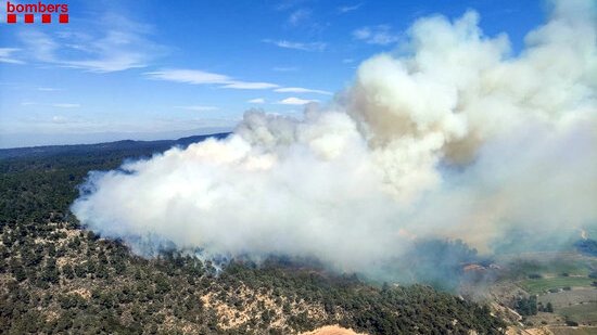 Una trentena de dotacions de Bombers continuen refredant l’incendi forestal a la Conca de Barberà