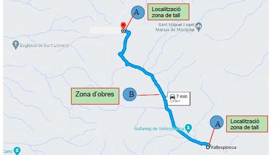Es tallarà durant quatre dies la carretera TV-2015 a Vallespinosa per obres